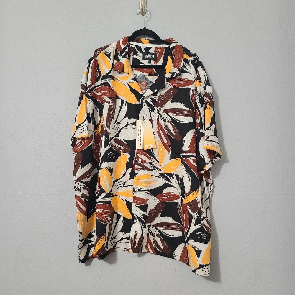 Malibu Textured Fabric Colorful Leaf Print Mens‎ Button Up Shirt NWT Size 4X